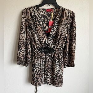 NWT TapeMeasure Brown Combo Animal Print Semi-Sheer V-Neck Tank Blouse Womens L